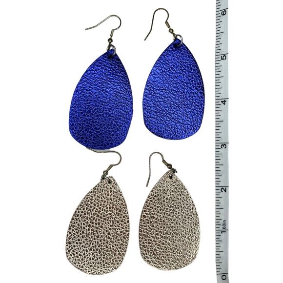 Metallic Faux Leather Teardrop Earrings Blue and Champagne Gold Set of Two - Picture 4 of 5